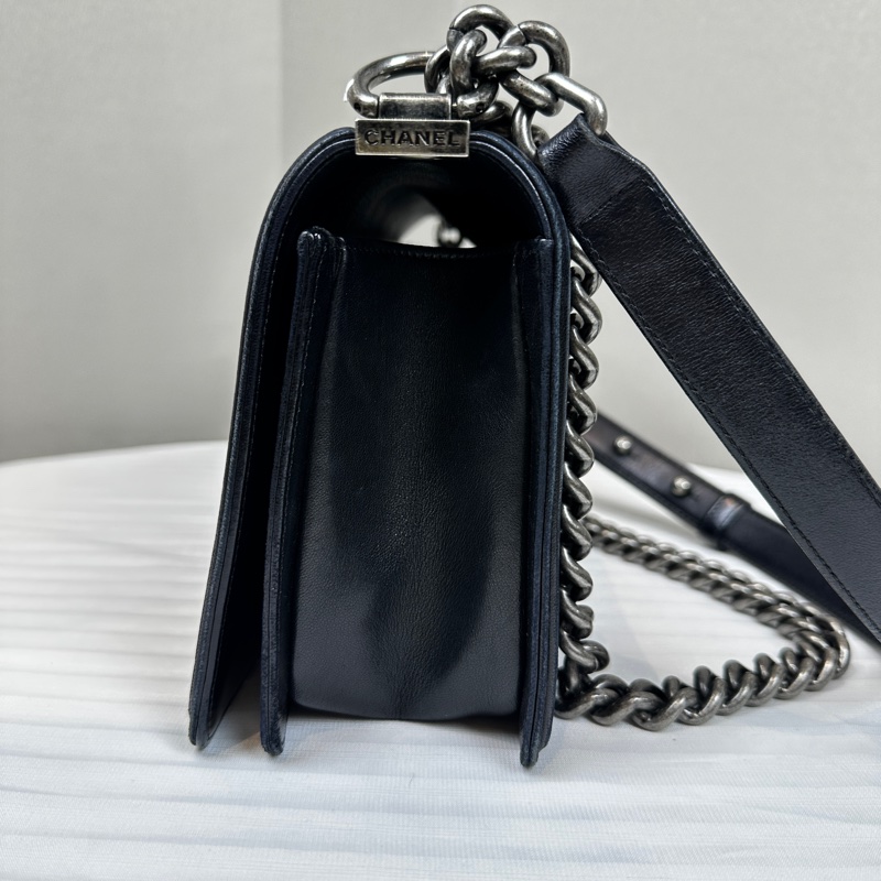 香奈兒/Chanel Leboy 黑色銀扣菱格紋中號羊皮肩背斜背包 25x15x9cm-3