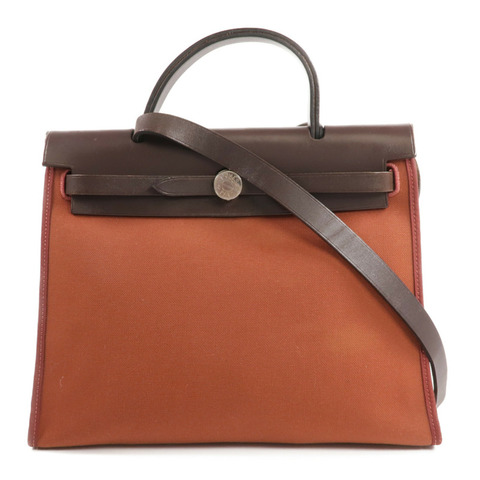 HERMES 帆布/皮革Herbag PM銀扣手挽肩背兩用袋Rouge Garance