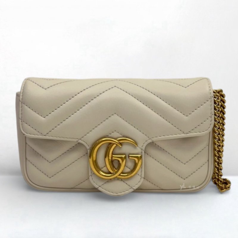 GUCCI Marmont白牛皮金釦迷你鍊條斜背包476433-1