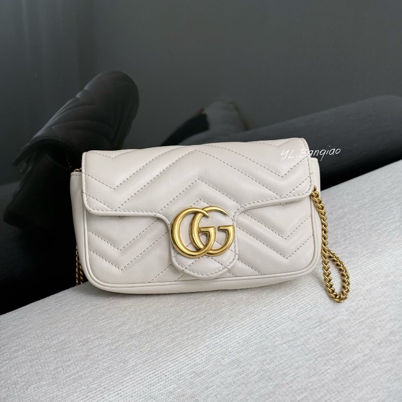 GUCCI Marmont白牛皮金釦迷你鍊條斜背包476433-0