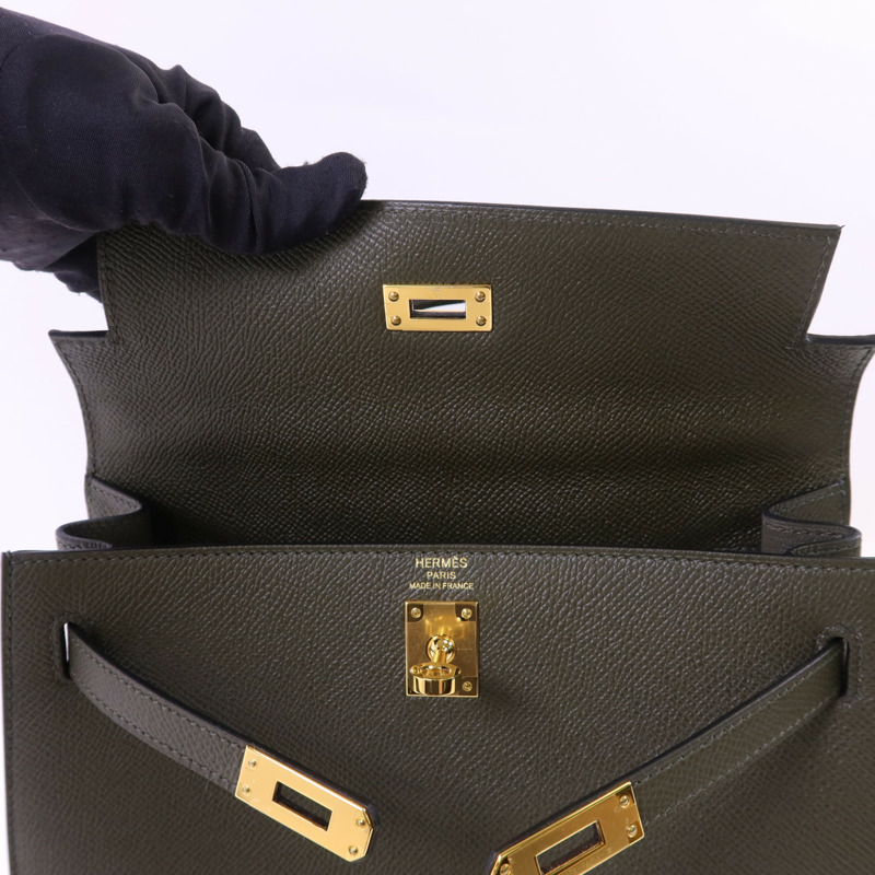 HERMES Epsom皮革Kelly 25金扣手挽肩背兩用袋Vert Gris-17
