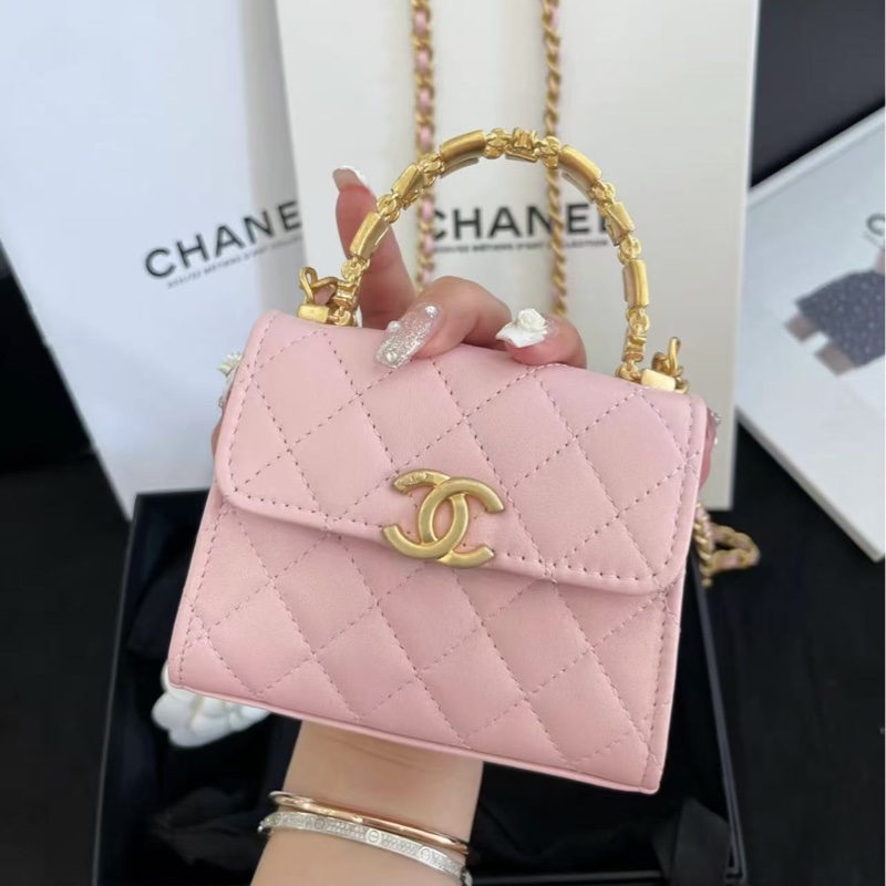 🔥新到：閒置🆕 Chanel/香奈兒22B Kellymini 琺瑯手柄櫻花粉金扣羊皮-0