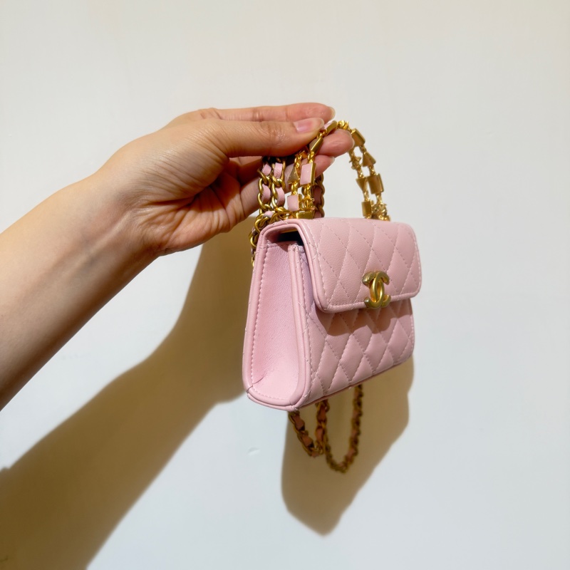 🔥新到：閒置🆕 Chanel/香奈兒22B Kellymini 琺瑯手柄櫻花粉金扣羊皮-1