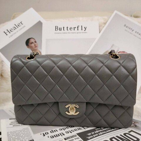 Chanel CLASSIC FLAP 灰色 菱格紋 羊皮 中號 金扣