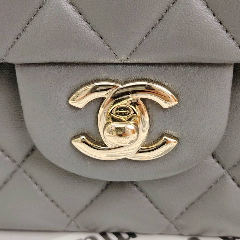 Chanel CLASSIC FLAP 灰色 菱格紋 羊皮 中號 金扣-4
