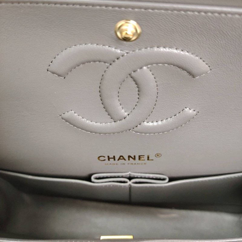 Chanel CLASSIC FLAP 灰色 菱格紋 羊皮 中號 金扣-6