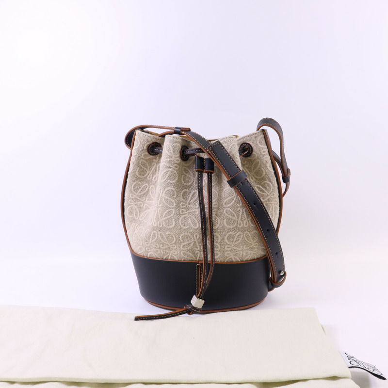 LOEWE 帆布/牛皮皮革Bucket Bag銀扣肩背袋-13