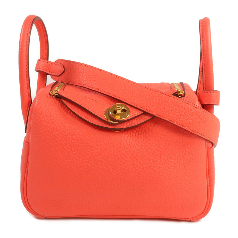 HERMES Clemence皮革Mini Lindy金扣手挽肩背兩用袋Rouge Tomate-0