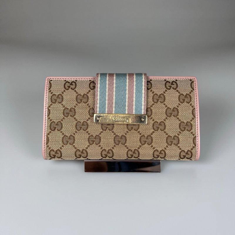 GUCCI 181672  老花拚粉藍條紋對開長夾-0