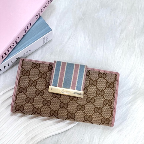 GUCCI 181672  老花拚粉藍條紋對開長夾