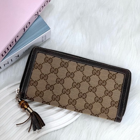 GUCCI 224253 老花竹節流蘇帆布ㄇ拉長夾