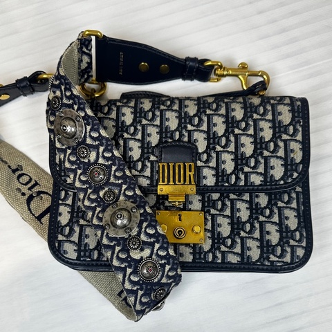迪奧/Dior Addict Oblique Flap Bag 深藍色老花帆布斜背包 24x5x16cm