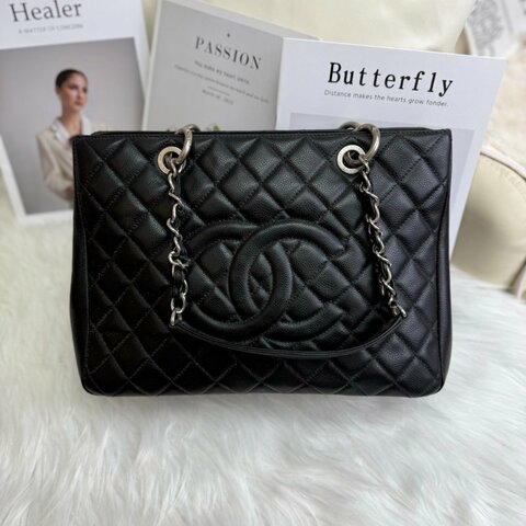 Chanel GST 手袋 黑色 菱格紋 牛皮 中號 銀鏈 19開