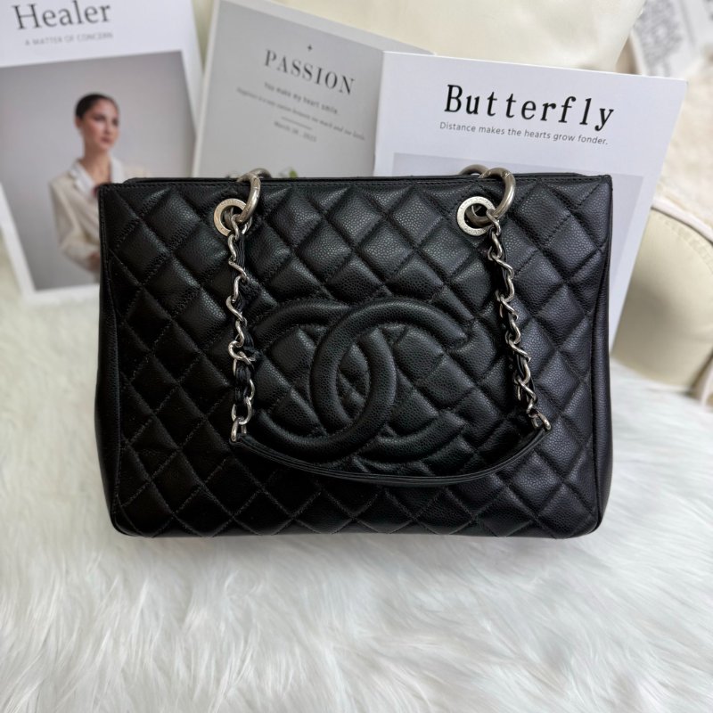 Chanel GST 手袋 黑色 菱格紋 牛皮 中號 銀鏈 19開-0