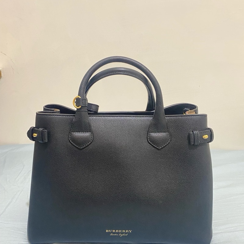 BURBERRY 烙印金字皮革側格紋手提/斜背兩用包(中)黑色 全新-13