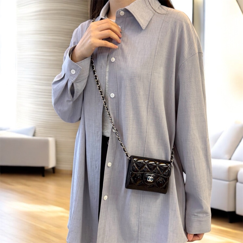 🖤香奈兒卡包🔥送皮穿鏈Chanel黑銀漆皮卡包A31504Y-2