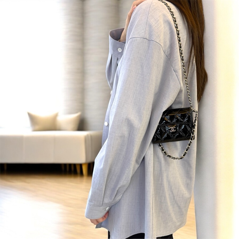 🖤香奈兒卡包🔥送皮穿鏈Chanel黑銀漆皮卡包A31504Y-3