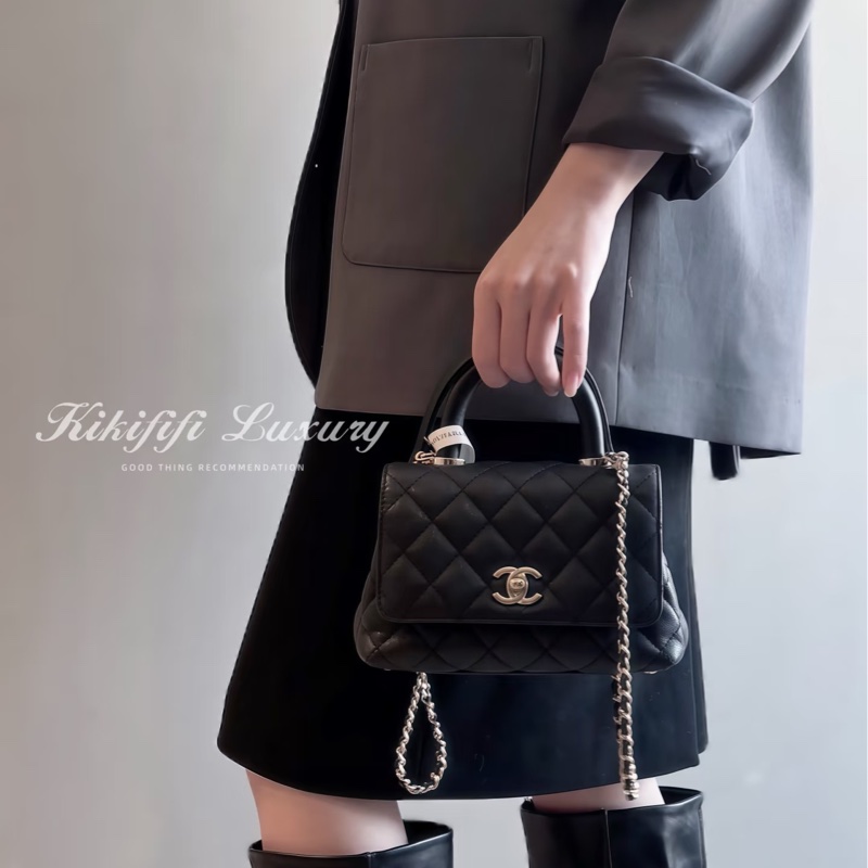 🖤香奈兒憨豆CHANEL黑金荔枝皮MINI COCO HANDLE AS2215-2