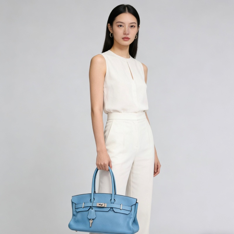 HERMES Shoulder birkin42亞麻藍銀扣手提包 42*16*17 98新配件他塵袋鎖鑰匙-0