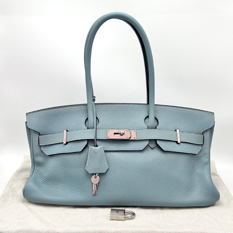 HERMES Shoulder birkin42亞麻藍銀扣手提包 42*16*17 98新配件他塵袋鎖鑰匙-1