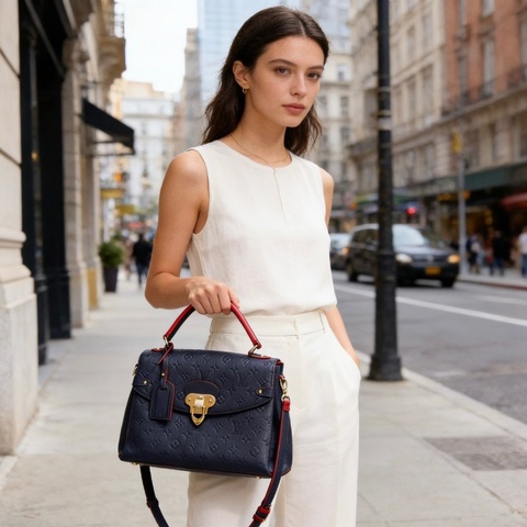 LV 藍金拼紅牛皮Georges中號手提肩背斜背包32*21*14 99新配件塵袋購證