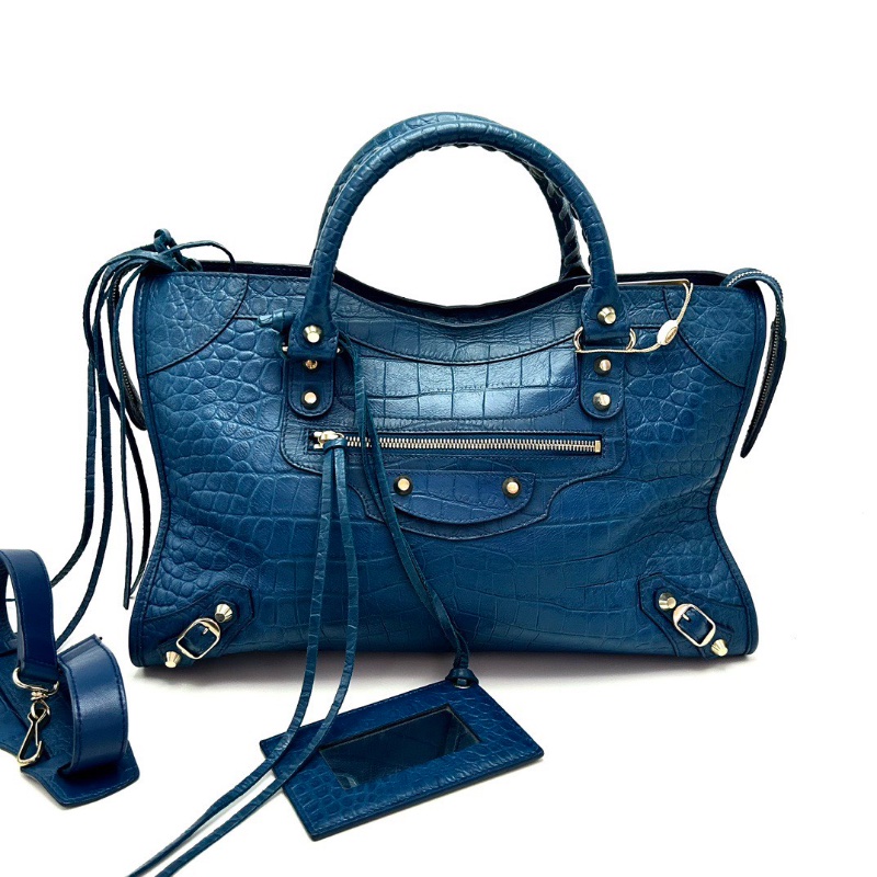 BALENCIAGA 藍色機車大號手提肩背斜背包38*24*13 98新配件鏡子塵袋-1