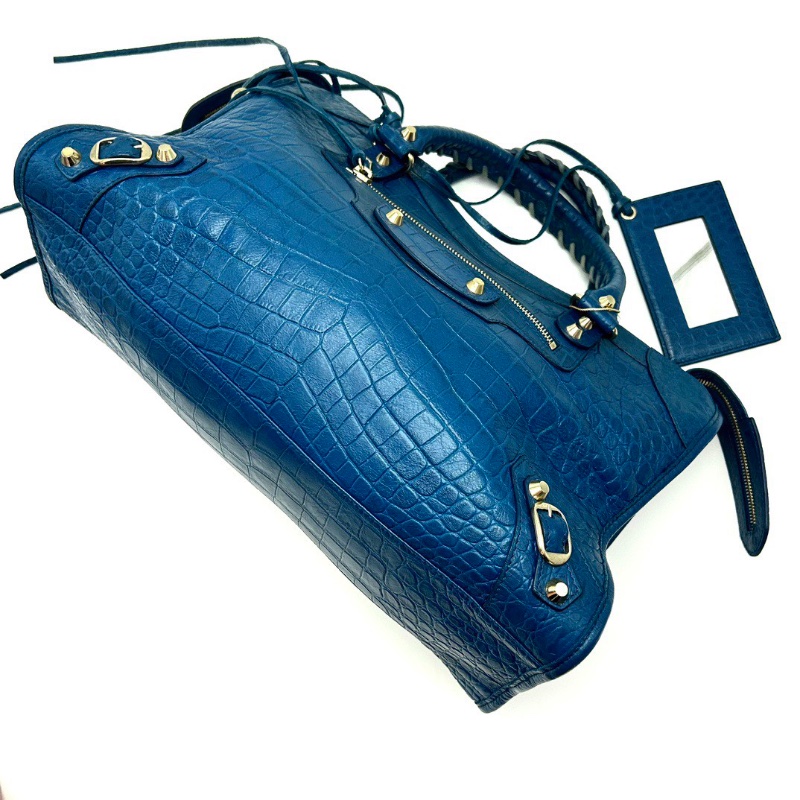 BALENCIAGA 藍色機車大號手提肩背斜背包38*24*13 98新配件鏡子塵袋-5