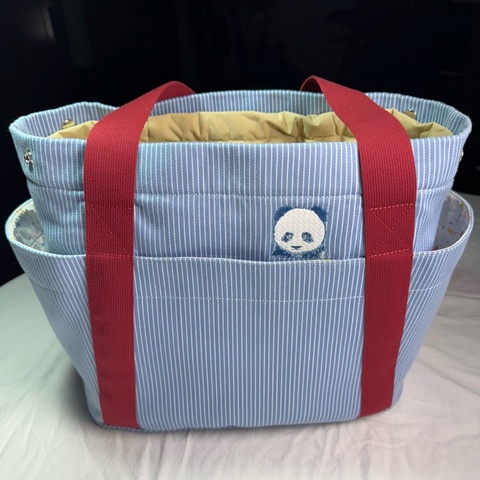 愛馬仕Hermès Cabriole 媽媽包 媽咪包 肩背帆布包 藍白條紋 熊貓刺繡款