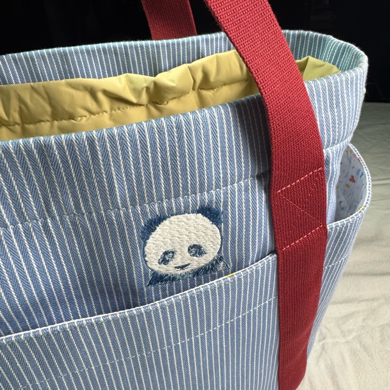 愛馬仕Hermès Cabriole 媽媽包 媽咪包 肩背帆布包 藍白條紋 熊貓刺繡款-2