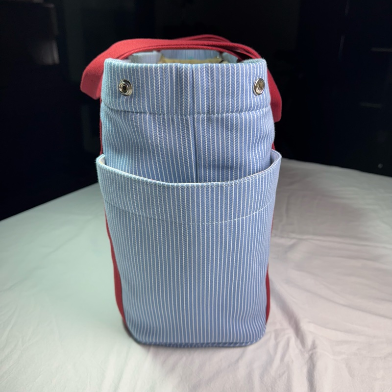 愛馬仕Hermès Cabriole 媽媽包 媽咪包 肩背帆布包 藍白條紋 熊貓刺繡款-6