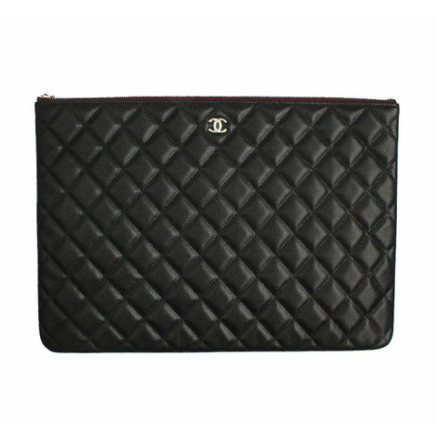 CHANEL 黑色魚子醬絎縫銀色CC大手拿包系列