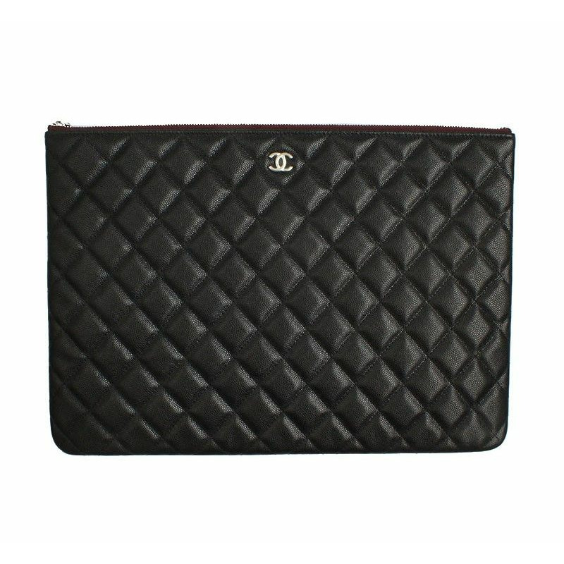 【包稅】CHANEL 黑色魚子醬絎縫銀色CC大手拿包系列-0