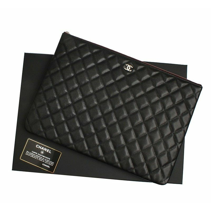 【包稅】CHANEL 黑色魚子醬絎縫銀色CC大手拿包系列-6