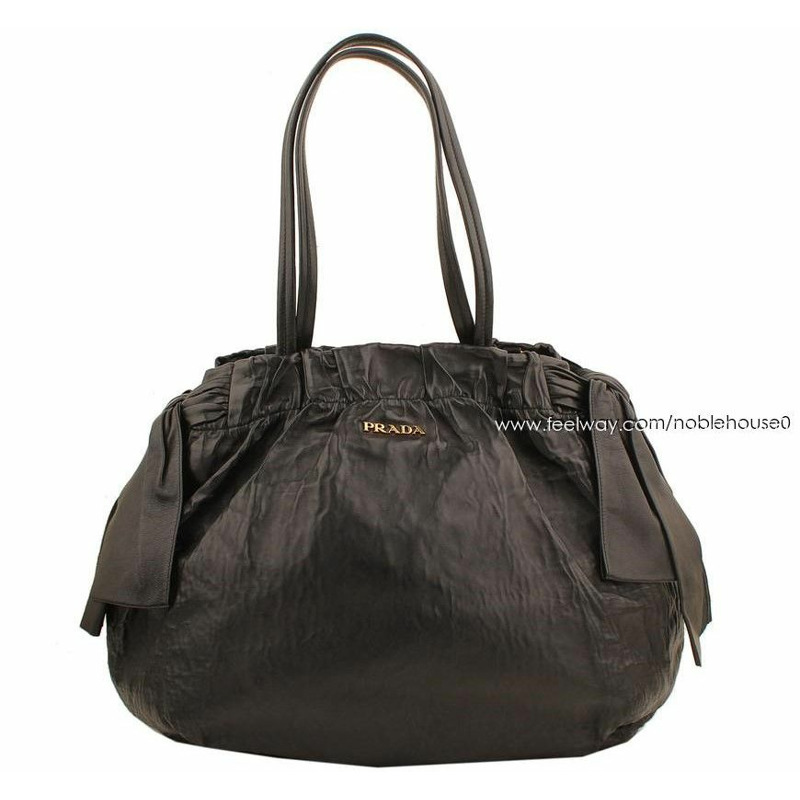 【包稅】PRADA 納帕黑褶皺緞帶單肩包-0