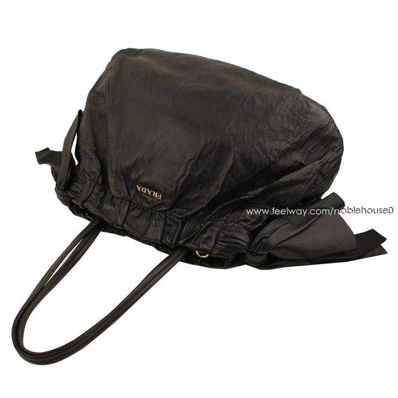 【包稅】PRADA 納帕黑褶皺緞帶單肩包-3