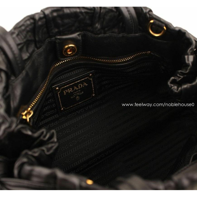【包稅】PRADA 納帕黑褶皺緞帶單肩包-5