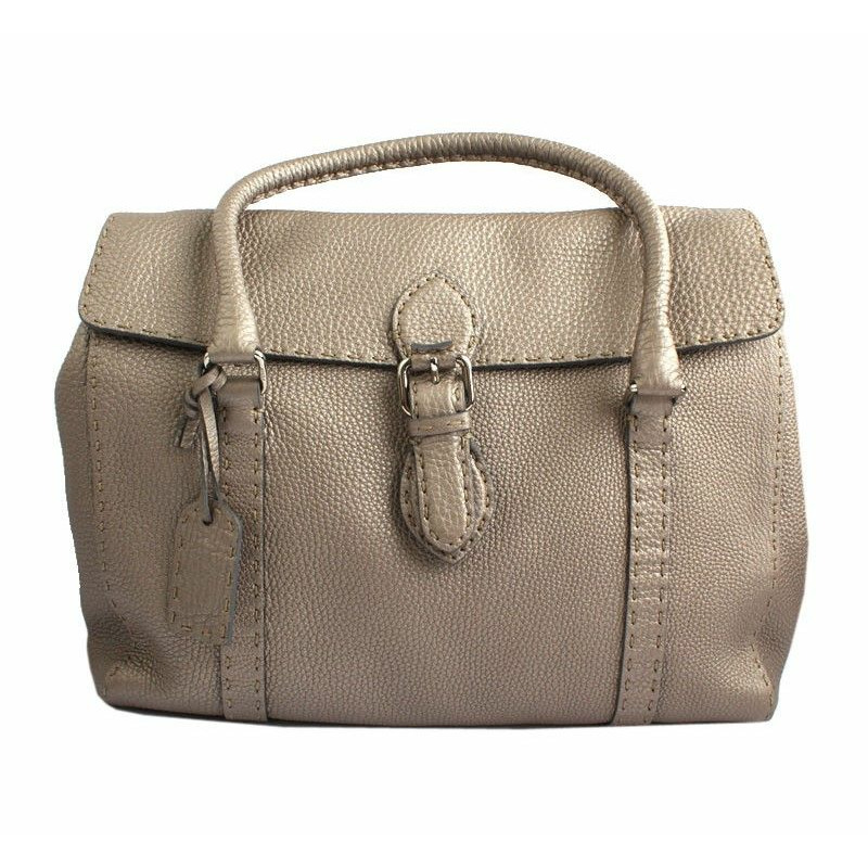 【包稅】FENDI Selleria 銀色皮革翻蓋手提包-0