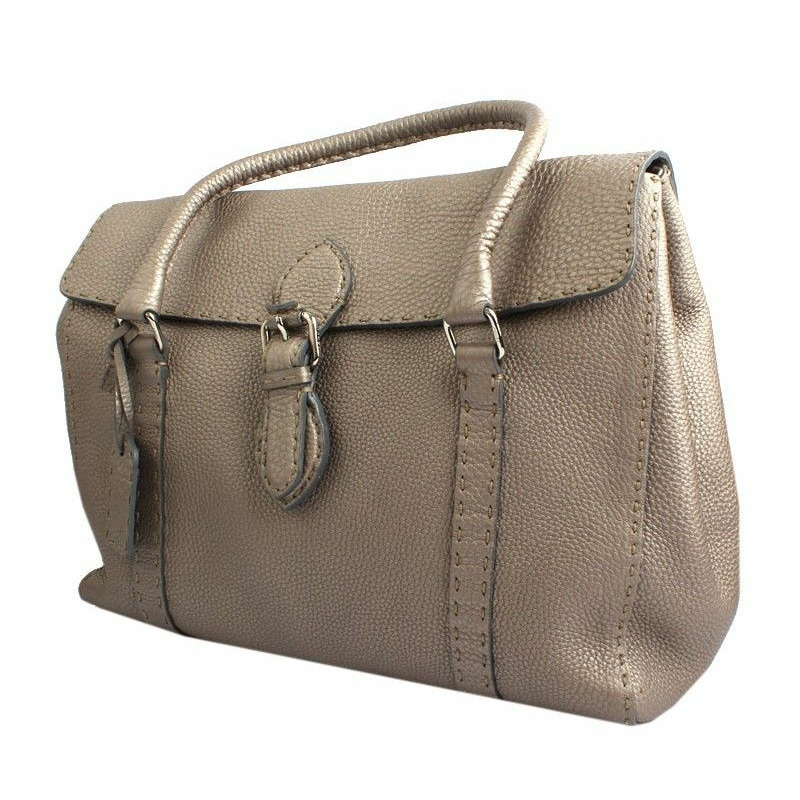 【包稅】FENDI Selleria 銀色皮革翻蓋手提包-1