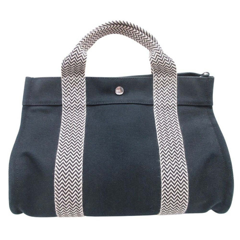 愛馬仕 Cannes PM 手提包，帆佈人字紋，帶小袋，黑色/象牙色，女士款