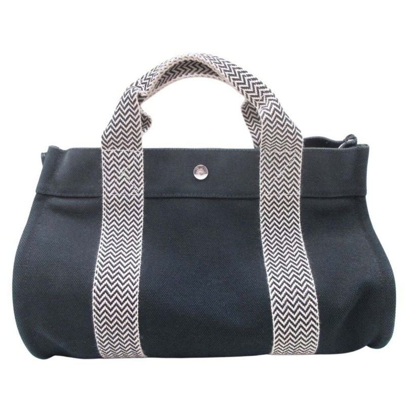 愛馬仕 Cannes PM 手提包，帆佈人字紋，帶小袋，黑色/象牙色，女士款-1