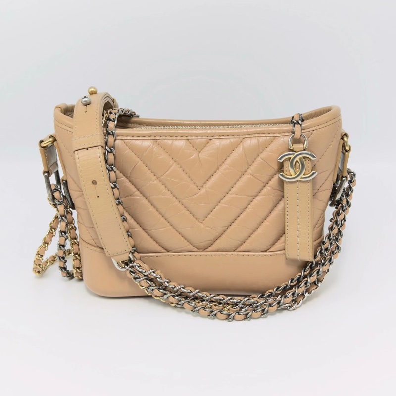 【97新 ✨ 全網最低價！】Chanel 29開有卡 流浪包 山形紋 小號 奶茶色 金扣-0