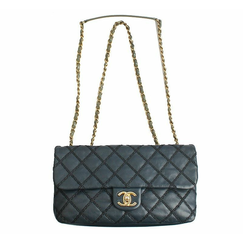 【包稅】CHANEL 海軍藍野性縫線卡其色鏈條單肩斜背包 第19系列-0