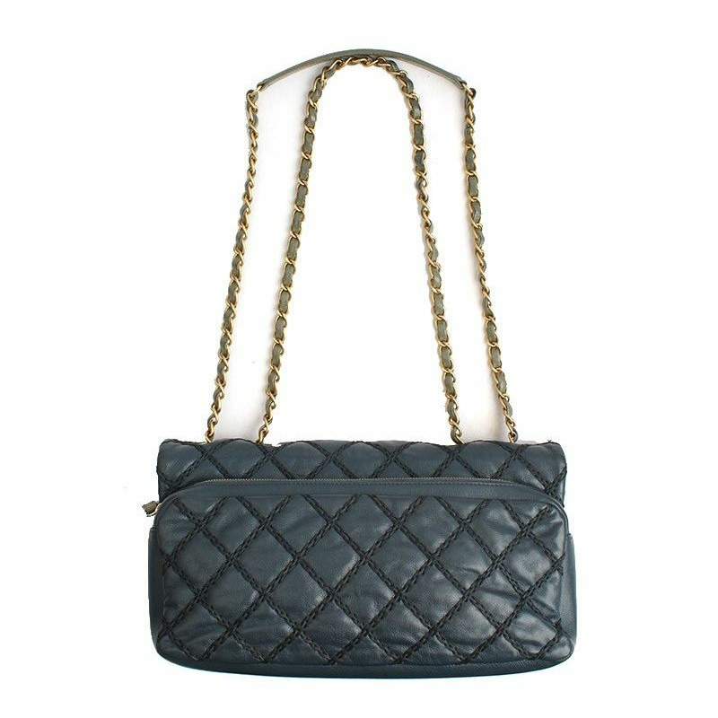 【包稅】CHANEL 海軍藍野性縫線卡其色鏈條單肩斜背包 第19系列-2