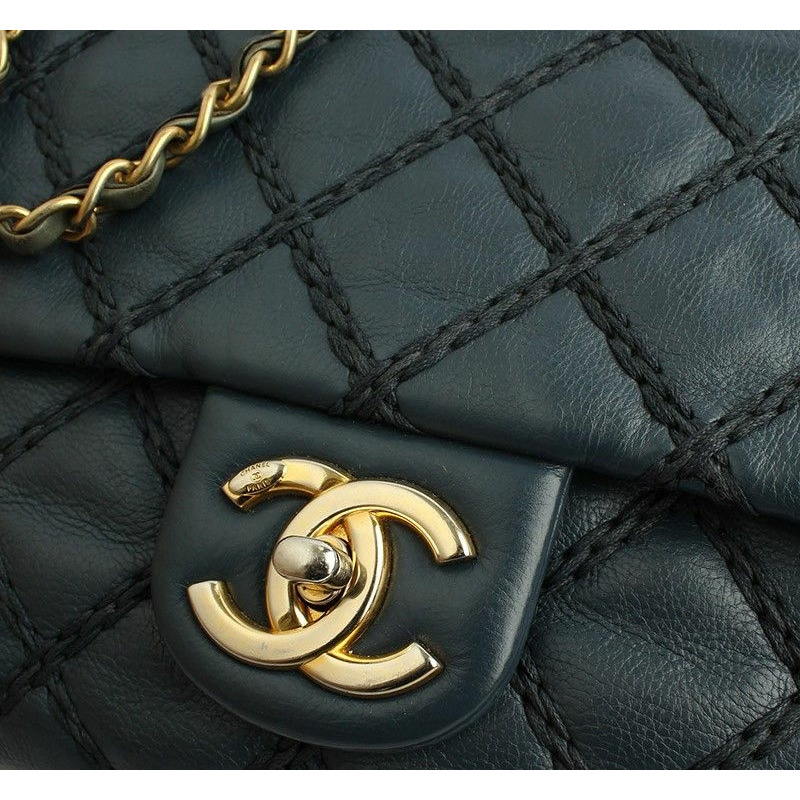 【包稅】CHANEL 海軍藍野性縫線卡其色鏈條單肩斜背包 第19系列-6