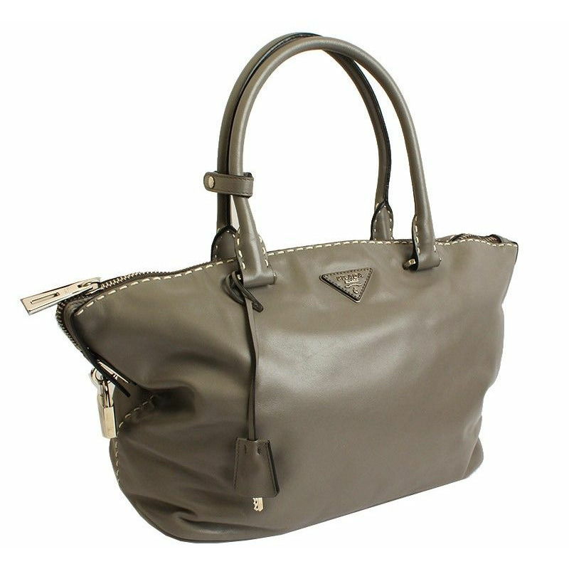 【包稅】PRADA 灰色縫線小牛皮手提包 BR5128-1