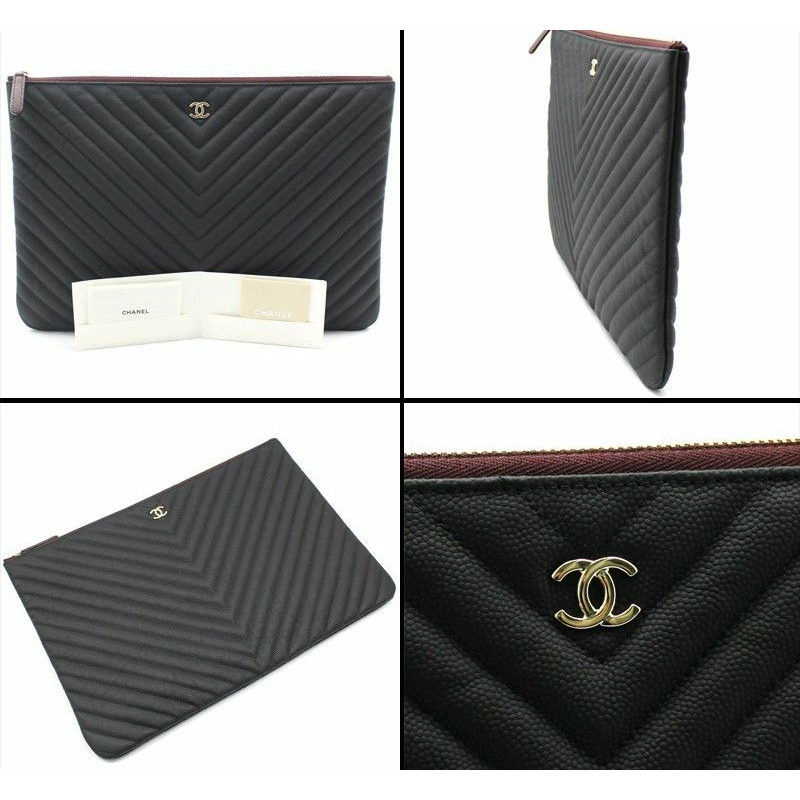 【包稅】CHANEL 黑色霧面魚子醬人字紋手拿包（大）-6