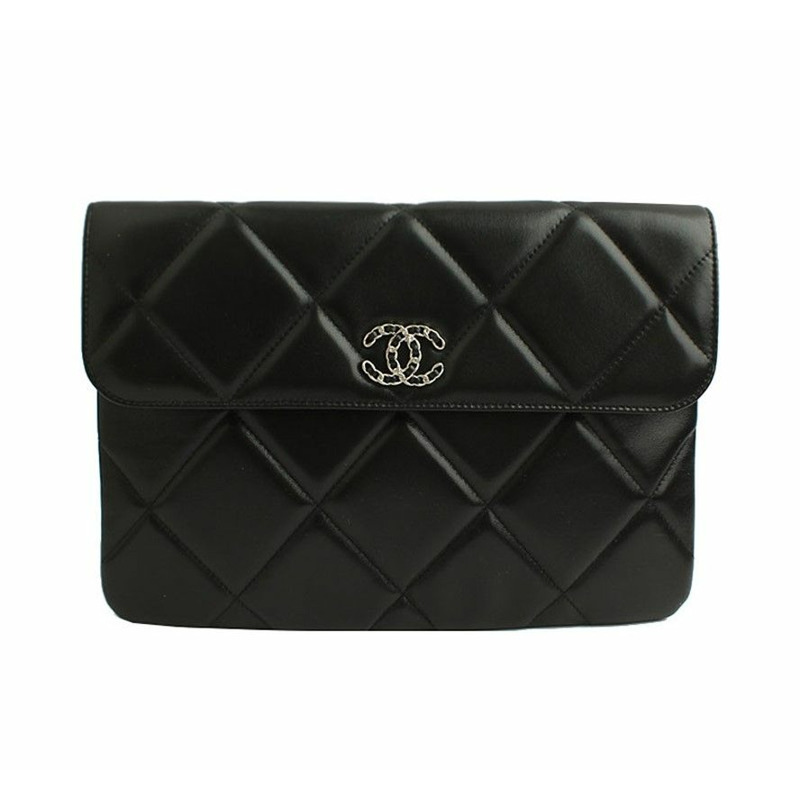 【包稅】CHANEL 19號銀色五金黑色羊皮絎縫翻蓋手拿包 31-0