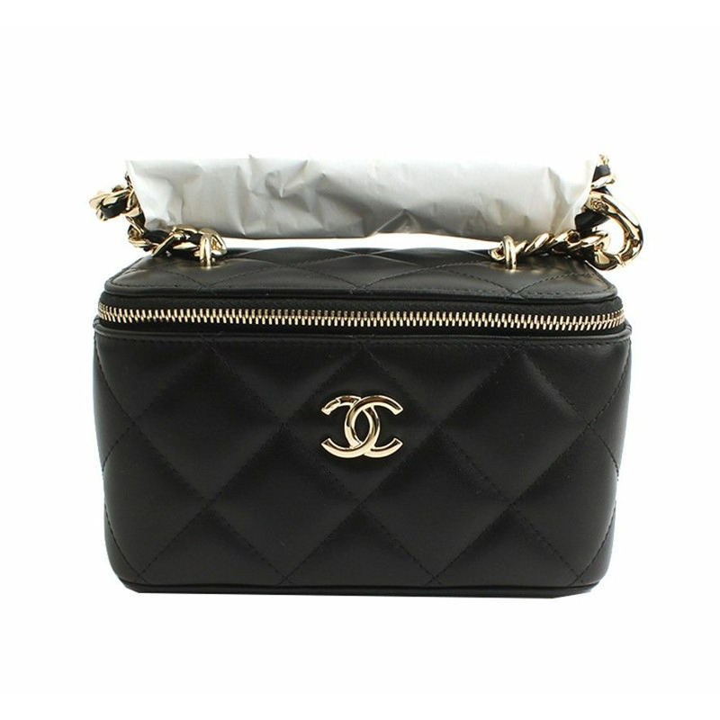 【包稅】CHANEL Vanity 化妝黑色羊皮金斜背包 31-0