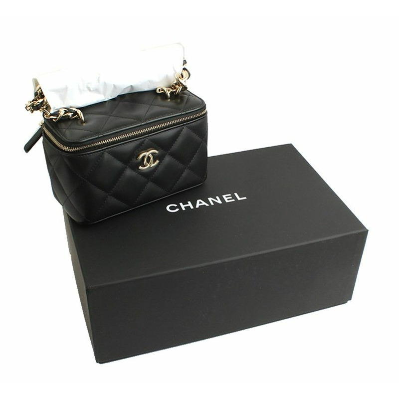 【包稅】CHANEL Vanity 化妝黑色羊皮金斜背包 31-6