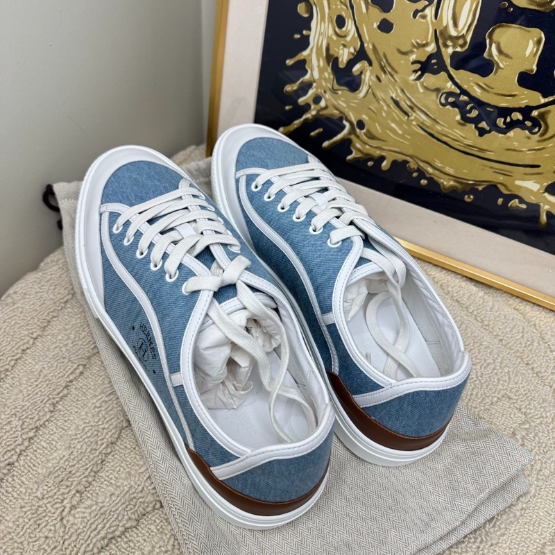 99新Hermes/愛馬仕  男款低幫休閒鞋帆布鞋藍色牛仔拼皮運動鞋板鞋 小logo43碼-0